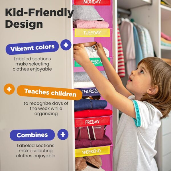 Weekly Clothes Organizer for Kids - 6-Shelf - Hanging Closet Daily Clothing Organization Labeled Shelves with Days of the Week Monday Through Friday, Weekday and Weekend (Pink)