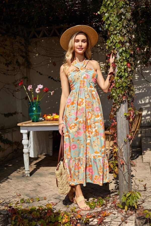 GRACE KARIN 2025 Women's Criss Cross Halterneck Sleeveless Summer Floral Print Flowy A Line Maxi Dress