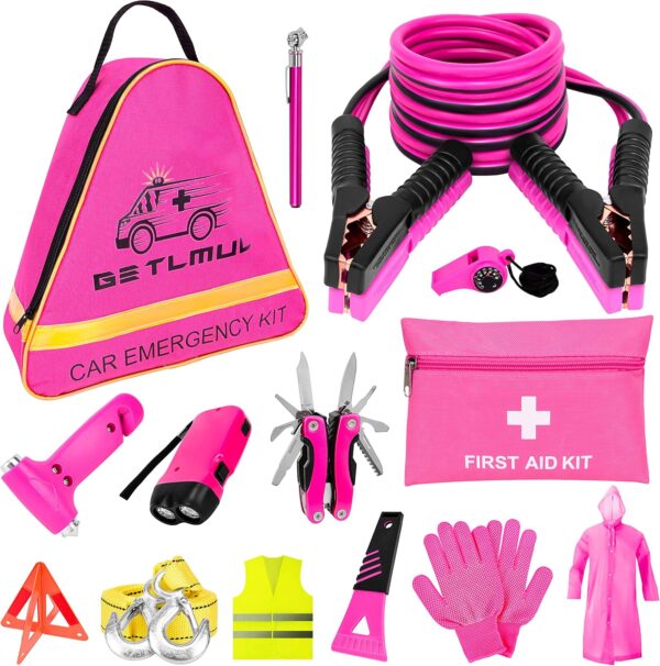 Pink Car Emergency Kit, Premium Roadside Emergency Car Accessories Kit with Jumper Cables, Flashlight, Shovel, Screwdriver Set, etc Car Accessories for Women