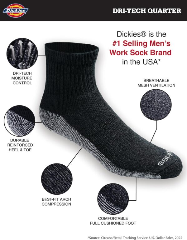 Dickies Men's Dri-tech Moisture Control Quarter Socks, Available in M-XXL (6, 12, 18 Pairs)