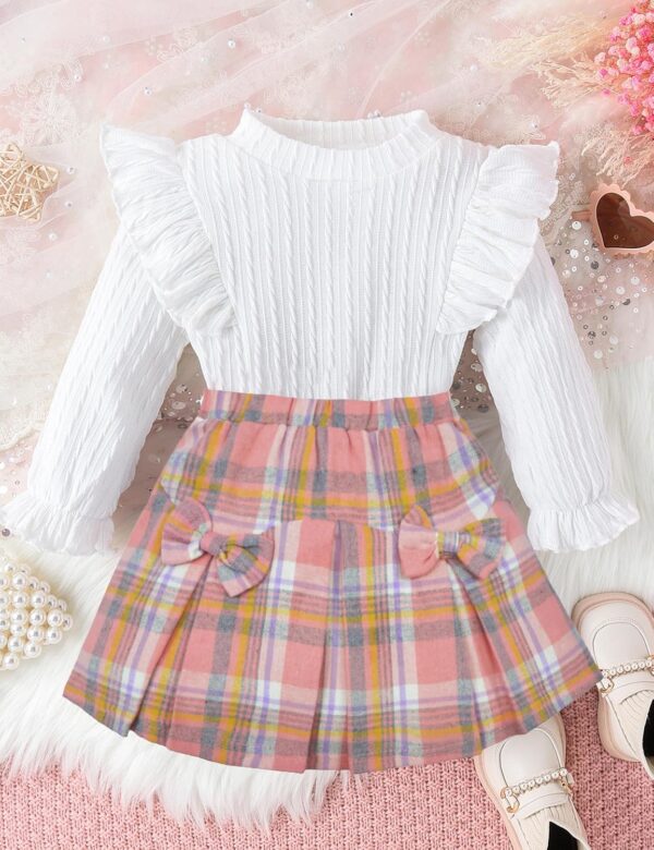 Toddler Girl Clothes Fall Winter Outfits Little Girl 2Pcs Ruffle Long Sleeve Knit Sweater Shirts Plaid Skirts Set