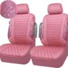 CAR PASS Bling Diamond Pink Leather Car Seat Covers for 2 Front Seats Protector, Waterproof Shining Glitter Sparkly Crystal Universal Armrest Fit Automotive Truck SUV Cute Women Girl, Pink Rhinestone