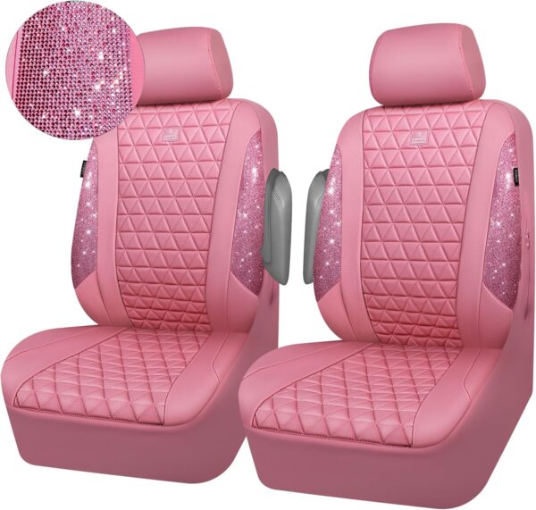 CAR PASS Bling Diamond Pink Leather Car Seat Covers for 2 Front Seats Protector, Waterproof Shining Glitter Sparkly Crystal Universal Armrest Fit Automotive Truck SUV Cute Women Girl, Pink Rhinestone