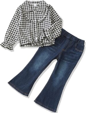 Kids Little Toddler Girl Clothes Button Down Tie Front Shirt + Bell Bottoms Jeans Girls 2 Piece Outfits Clothing Set