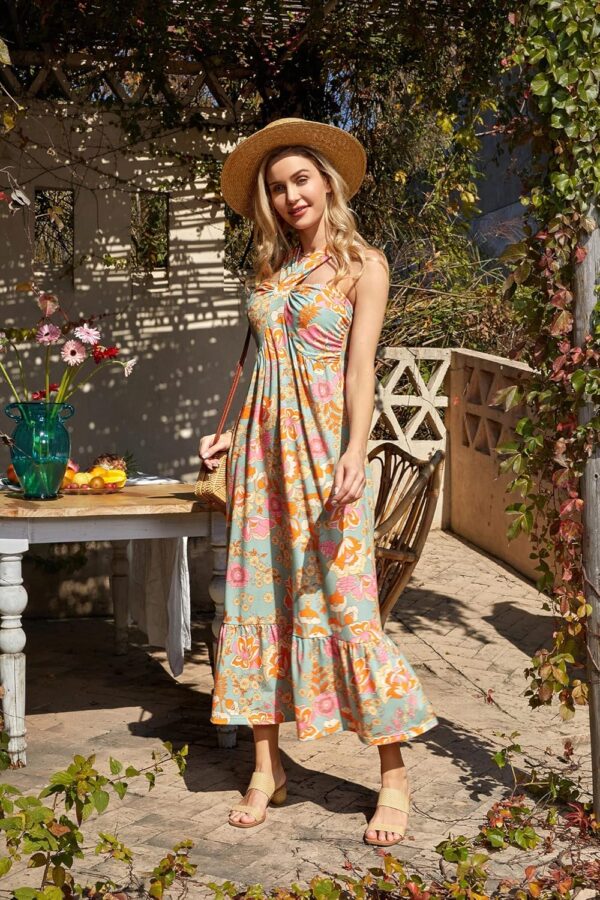 GRACE KARIN 2025 Women's Criss Cross Halterneck Sleeveless Summer Floral Print Flowy A Line Maxi Dress