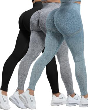 CHRLEISURE 3 Piece Workout Leggings Sets for Women, Gym Scrunch Butt Butt Lifting Seamless Leggings