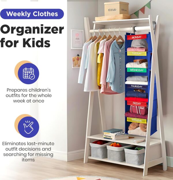 Weekly Clothes Organizer for Kids - 6-Shelf - Hanging Closet Daily Clothing Organization Labeled Shelves with Days of The Week Monday Through Friday, Weekday and Weekend. (Blue)