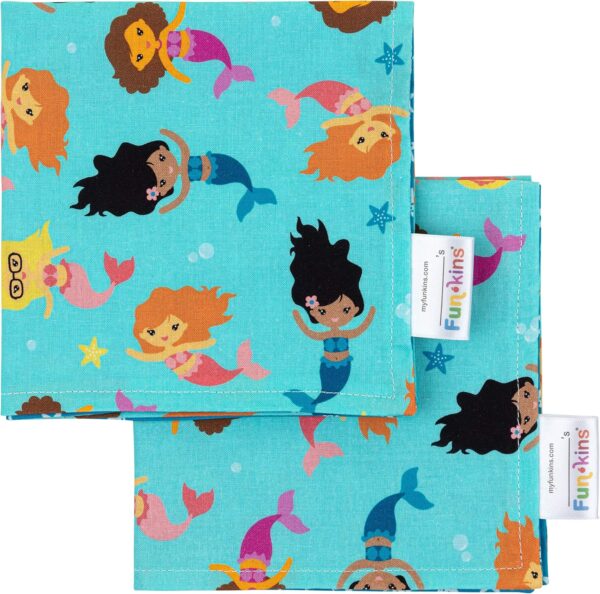 Funkins Reusable Cloth Napkins for Kids | 12”x12”, 2-Ply, Thick, Absorbent, Durable | Machine Washable | Name Tag | Soft Cotton Fabric | Great for School Lunchboxes | Set of 2 Napkins (Mermaids)